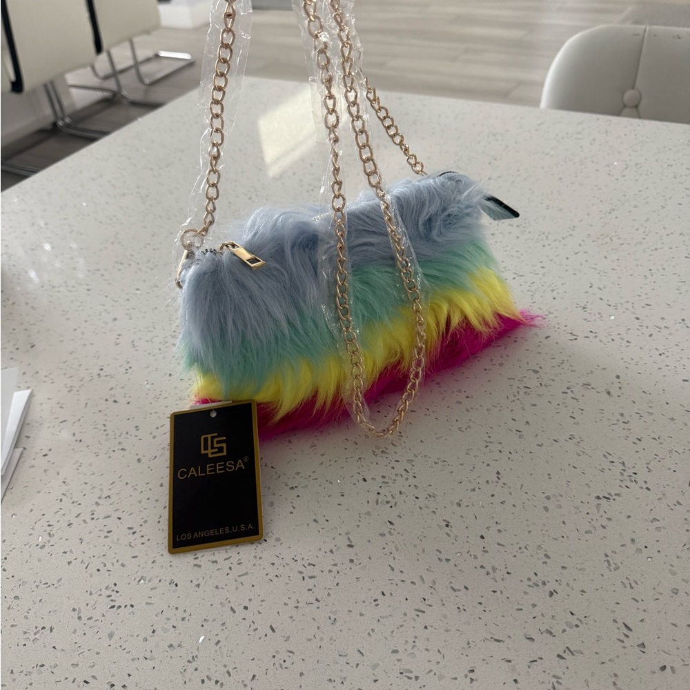 Caleesa Multicolor Pastel Faux Fur Mini Bag with Gold Chain Strap